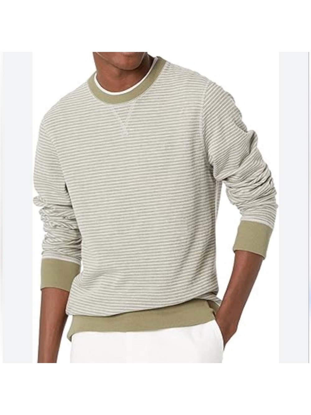 Billy Reid Men's Stripe Terry Crew Neck Sweater in Moss Green size XL
